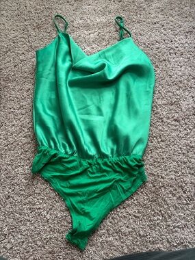 Emerald Green Satin Cowl Neck Bodysuit